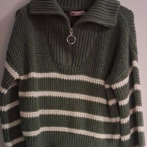 SO Olive and Cream Striped Turtleneck Sweater
